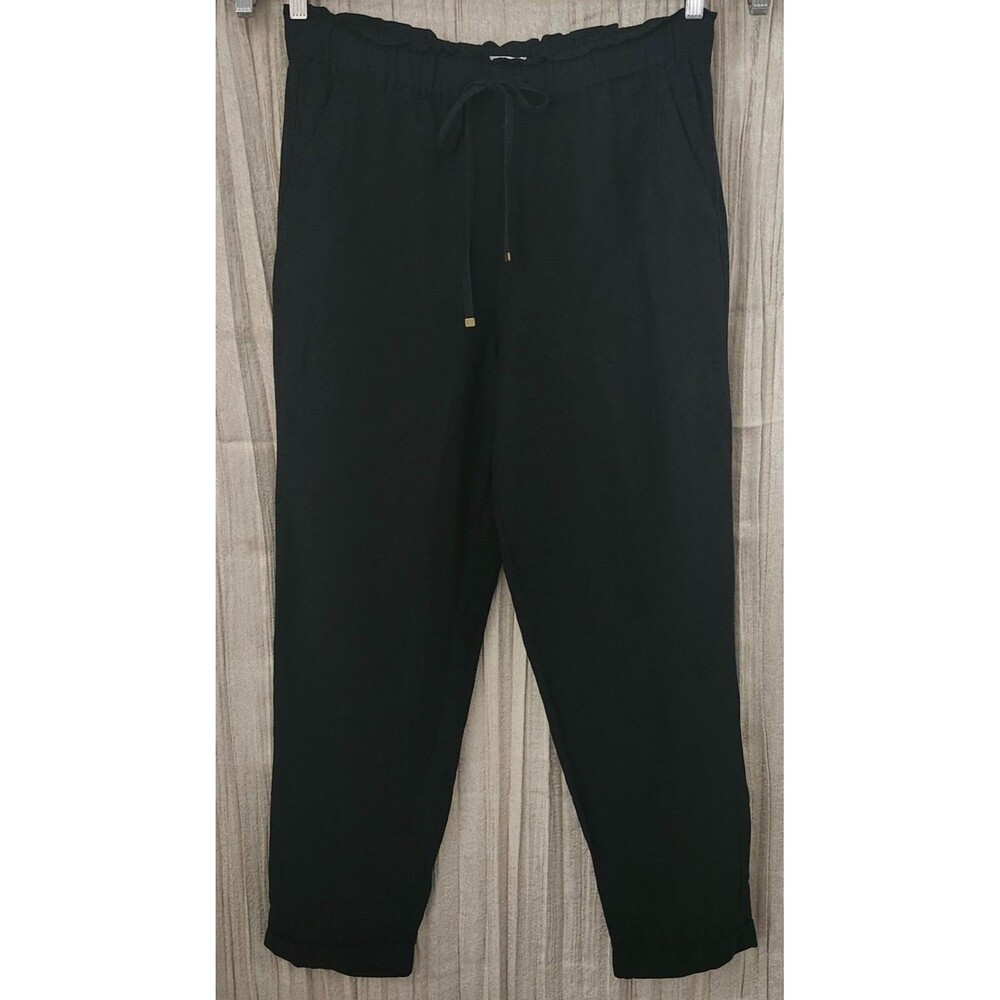 Loft Black Linen Women's Pant Medium Elastic Drawstring Cuffed Tapered Leg